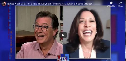 Stephen Colbert interviews Kamala Harris about her debate against Biden.