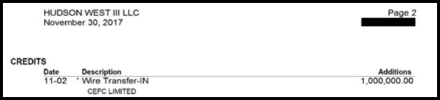 One million dollar wire transfer into the account of Hudson West Three from CEFC.