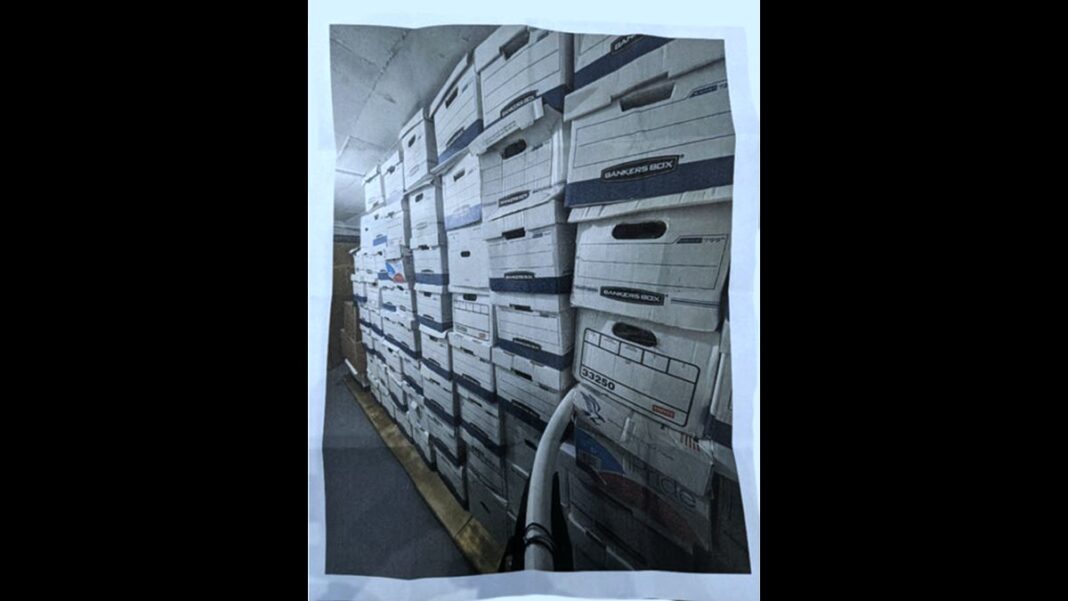 A photo of some of the 61 boxes that federal authorities say were stacked in a storage room at former President Donald Trump's home at Mar-a-Lago.