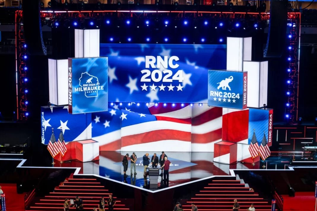 Fiserv Forum complex center one day prior to the Republican National Convention (RNC) in Milwaukee, Wis., on July 14, 2024.