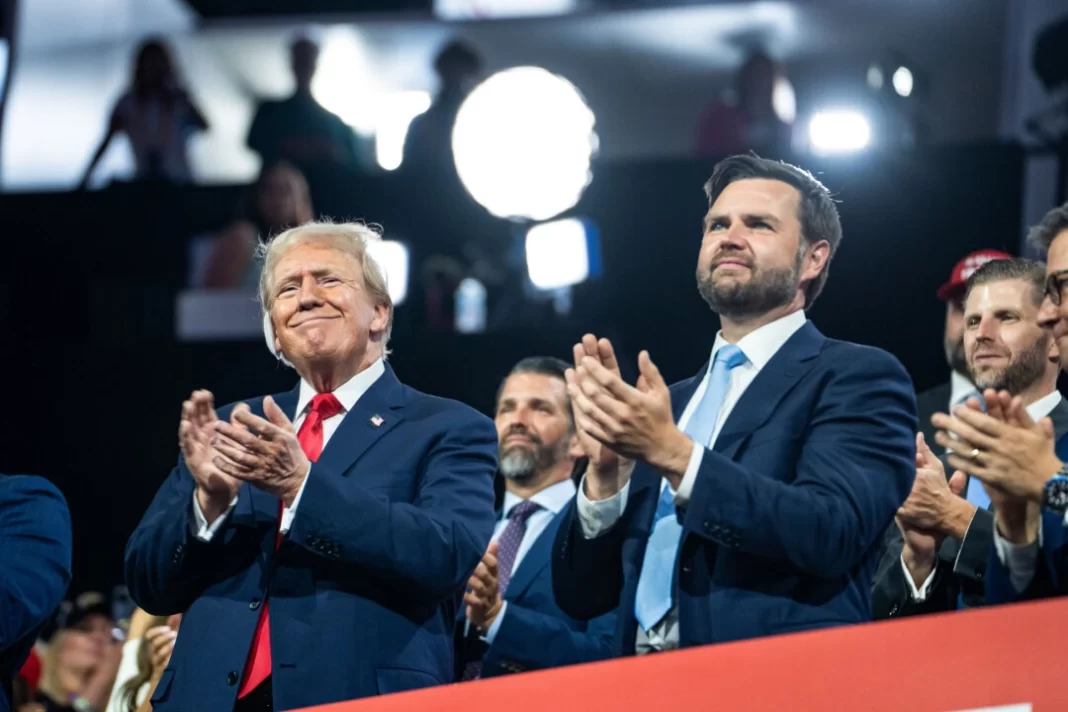 Republican vice president nominee Sen. JD Vance (R-Ohio) and former President Donald J. Trump attend the 2024 Republican National Convention in Milwaukee, Wis., on July 15, 2024