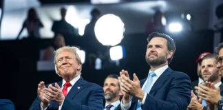 Republican vice president nominee Sen. JD Vance (R-Ohio) and former President Donald J. Trump attend the 2024 Republican National Convention in Milwaukee, Wis., on July 15, 2024