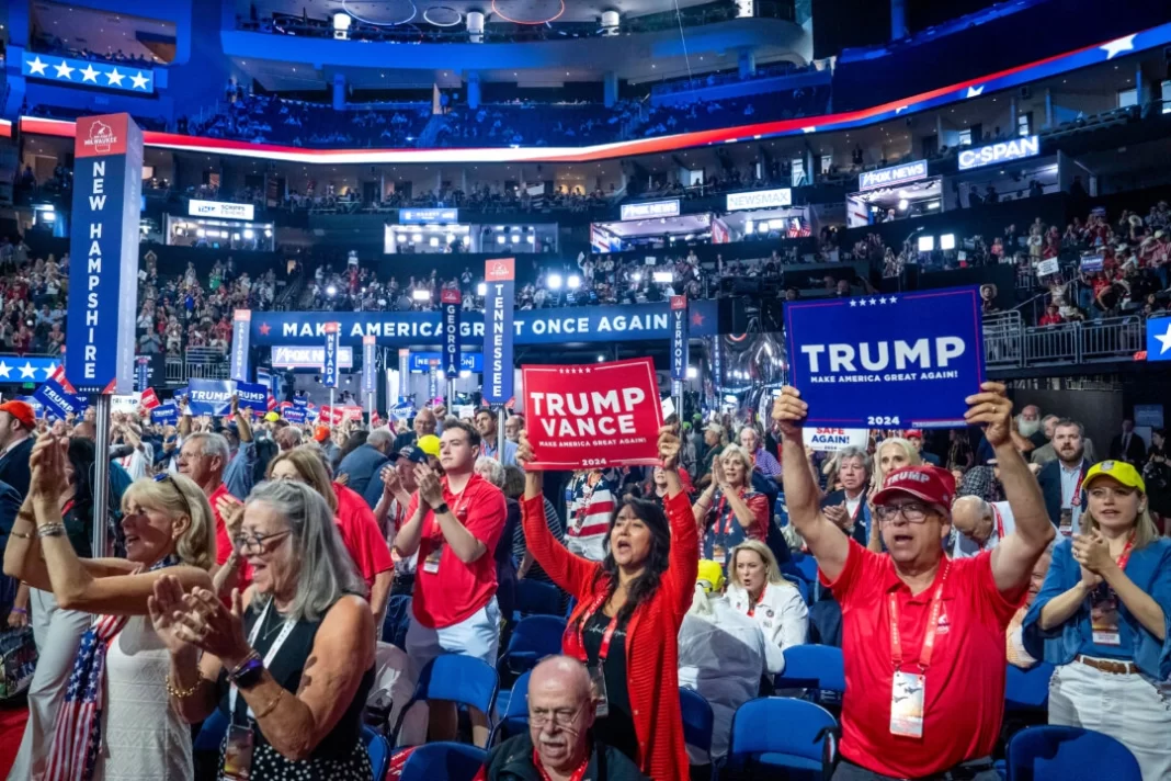 Delegates cheer at the National Republican Convention (RNC) in Milwaukee, Wis., on July 16, 2024.