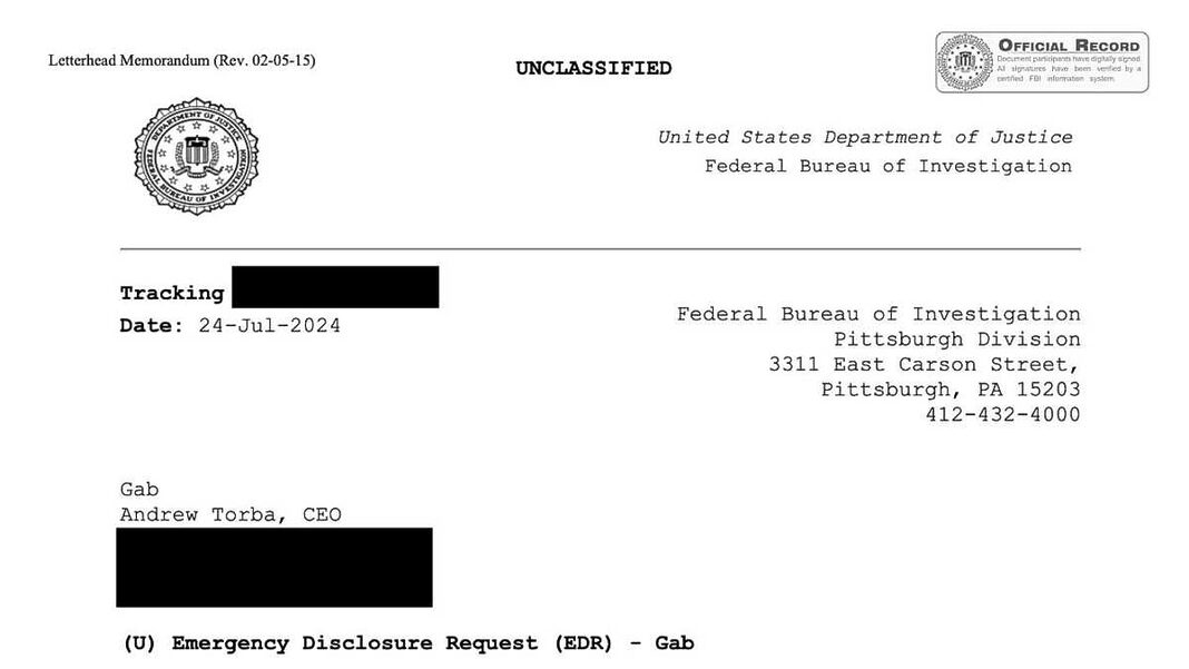 Portion of FBI Letter to Gab CEO Andrew Torba