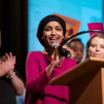 Rep. Ilhan Omar speaks at the Minnesota Congressional District 5 Democrat Farmer Labor party’s Nominating Convention in Minneapolis, Minn., on May 11, 2024.