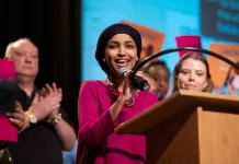 Rep. Ilhan Omar speaks at the Minnesota Congressional District 5 Democrat Farmer Labor party’s Nominating Convention in Minneapolis, Minn., on May 11, 2024.