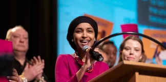 Rep. Ilhan Omar speaks at the Minnesota Congressional District 5 Democrat Farmer Labor party’s Nominating Convention in Minneapolis, Minn., on May 11, 2024.