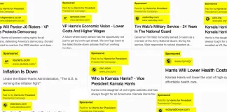 Harris campaign's Google ads rewrite news headlines