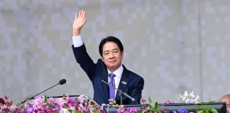 Taiwan's President Lai Ching-te delivers his address during National Day celebrations in front of the Presidential Office in Taipei on Oct. 10, 2024.