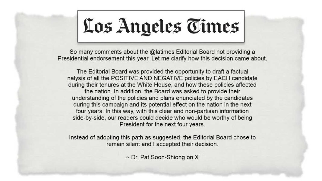 Dr. Pat Soon-Shiong, owner of the Los Angeles Times, discusses LA Times Editorial Board controversy on X