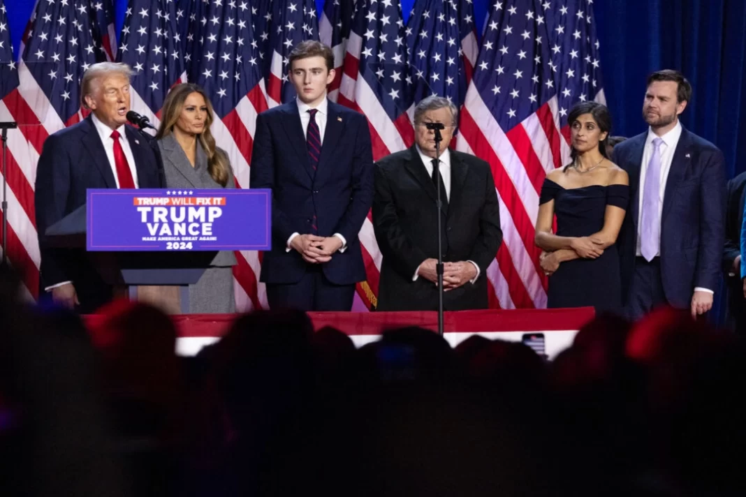 Trump Vance and families at campaign watch party after winning-2024 Presidential election