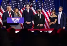 Trump Vance and families at campaign watch party after winning-2024 Presidential election