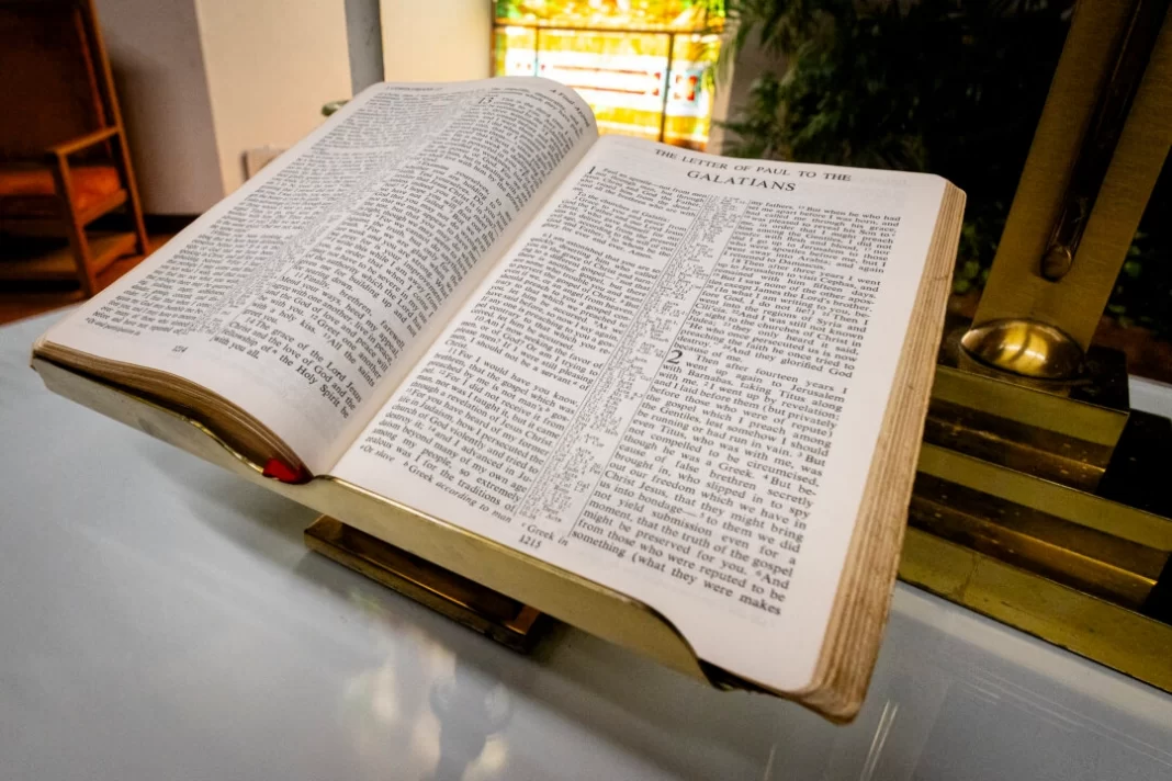 A bible sits in Surf City Church in Huntington Beach, CA