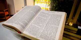 A bible sits in Surf City Church in Huntington Beach, CA