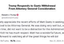 Trump Responds to Gaetz Withdrawal From Attorney General Consideration