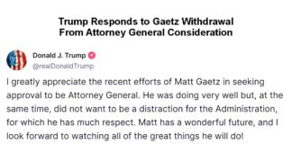 Trump Responds to Gaetz Withdrawal From Attorney General Consideration