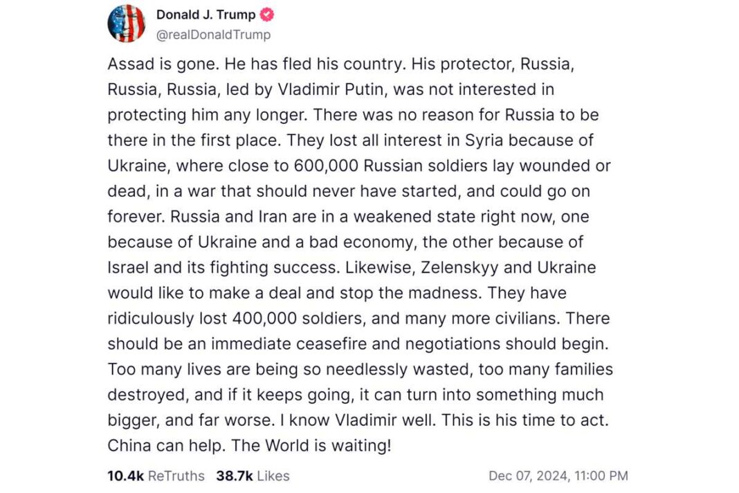 Trump Truth on immediate ceasefire and negotiations between Russia and Ukraine