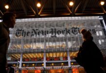 The New York Times building in New York City on Aug. 31, 2021.