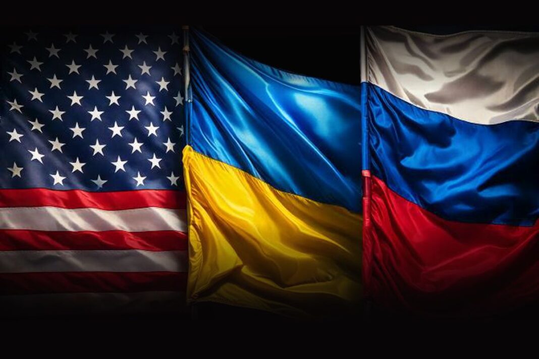 American Russian and Ukraine Flags