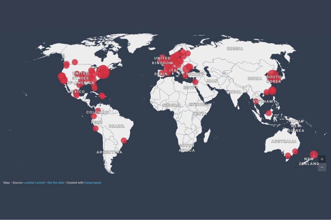 A map showing global incidents of the CCP's efforts to sabotage Shen Yun performances.