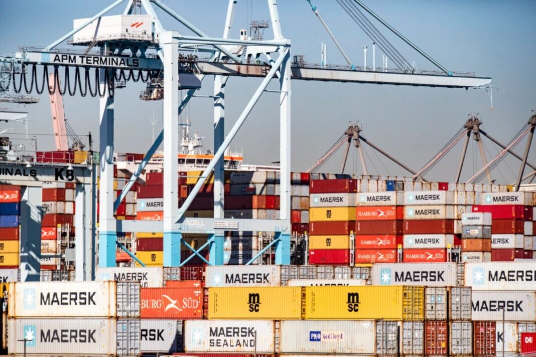 Shipping containers to be transferred from the port of Long Beach, CA., on Oct. 14, 2021.