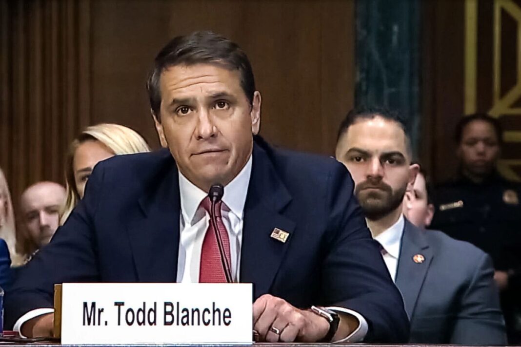 Todd Blanche testifies during his confirmation hearing in DC on Feb. 12, 2025.