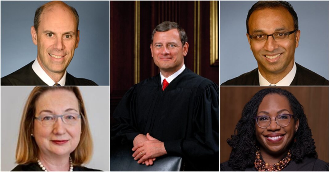 Members of the invite-only Inns of Court Club in Washington DC – James Boasbrg, Chief Justice John Roberts, Amit Mehta, Beryl Howell, and Ketanji Brown Jackson.