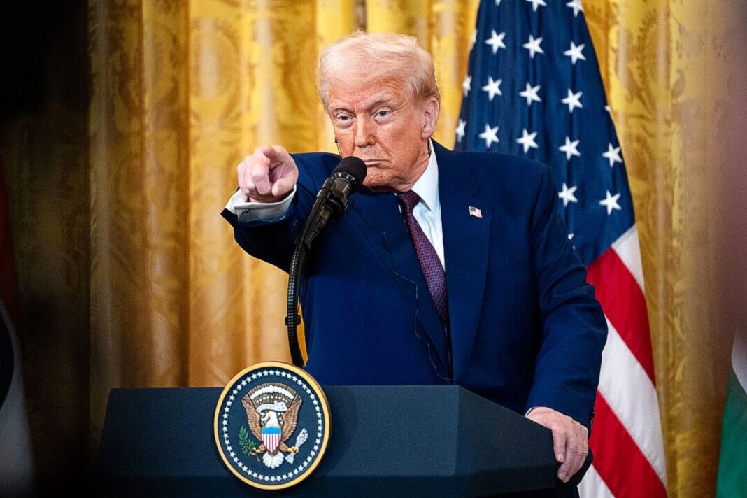 President Trump speaks during a press conference at the White House in DC on Feb. 13, 2025.